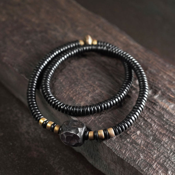Braccialetto doppio giro Buddha Stones Ebano Legno Rame Ottone Pace