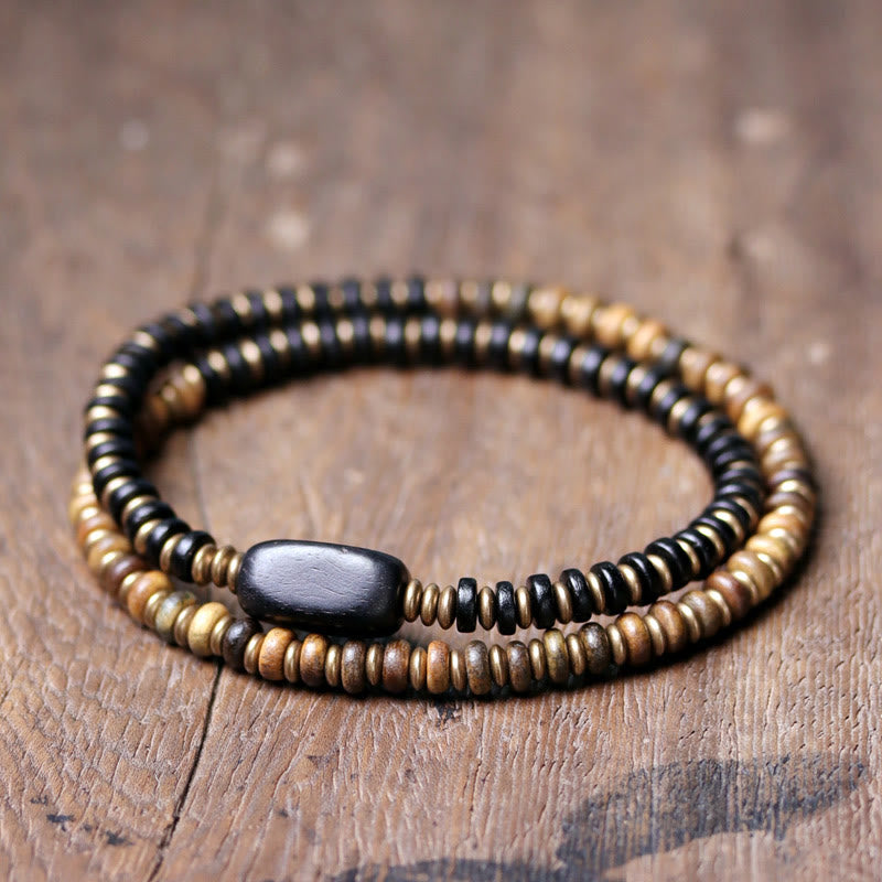 Braccialetto doppio giro calmante in ottone e rame con Buddha Stones, legno di ebano e sandalo verde