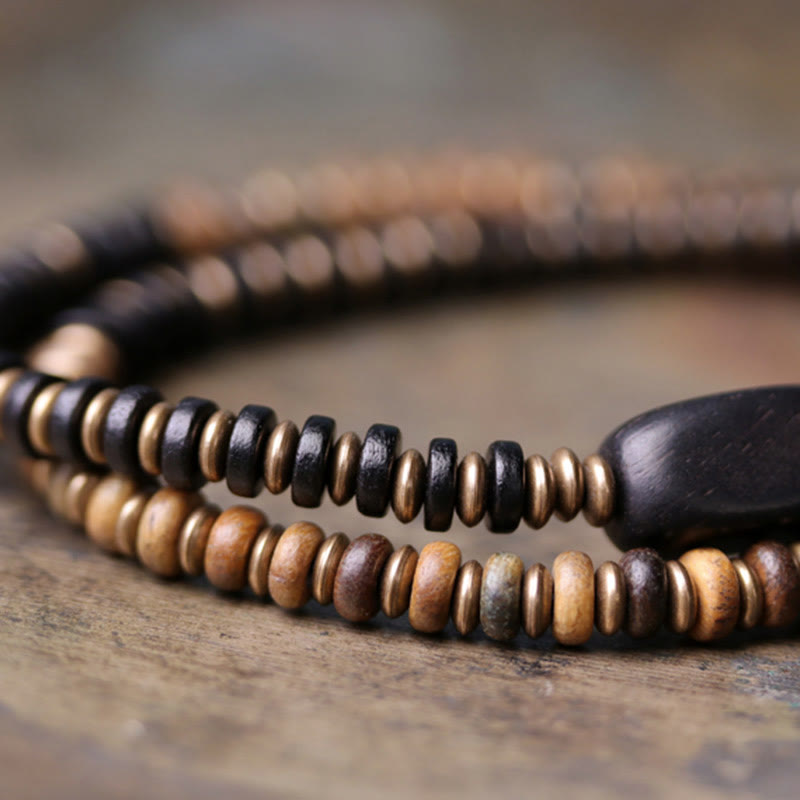 Braccialetto doppio giro calmante in ottone e rame con Buddha Stones, legno di ebano e sandalo verde