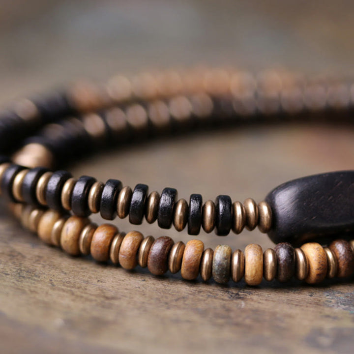 Braccialetto doppio giro calmante in ottone e rame con Buddha Stones, legno di ebano e sandalo verde