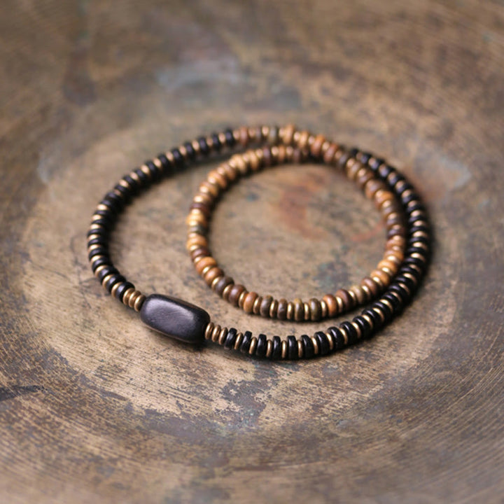 Braccialetto doppio giro calmante in ottone e rame con Buddha Stones, legno di ebano e sandalo verde