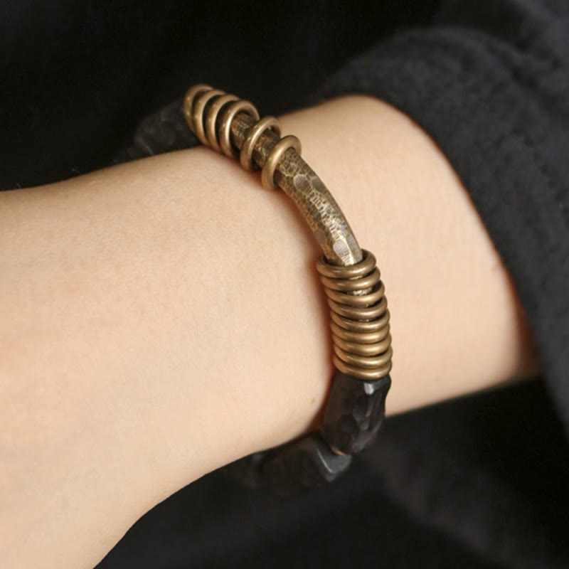 Buddha Stones Legno di ebano Rame Ottone Anello circolare Bracciale della pace