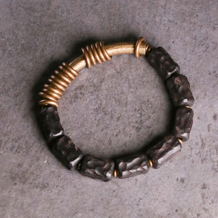 Buddha Stones Legno di ebano Rame Ottone Anello circolare Bracciale della pace