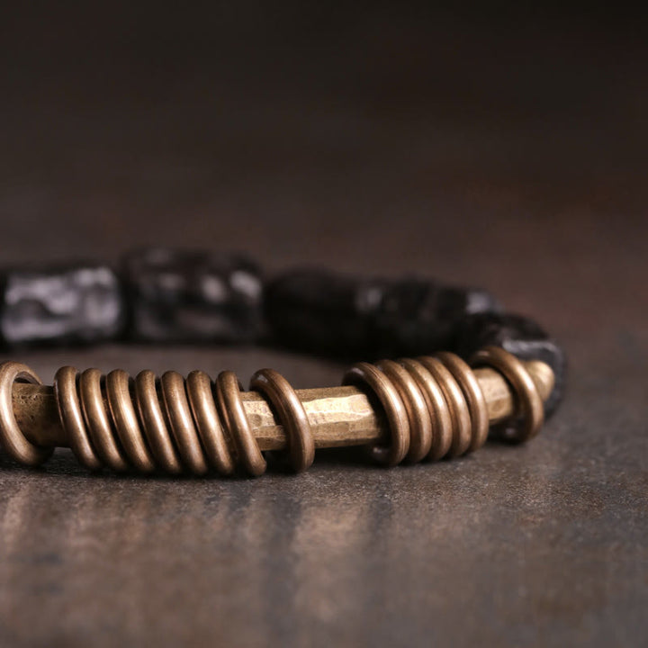 Buddha Stones Legno di ebano Rame Ottone Anello circolare Bracciale della pace