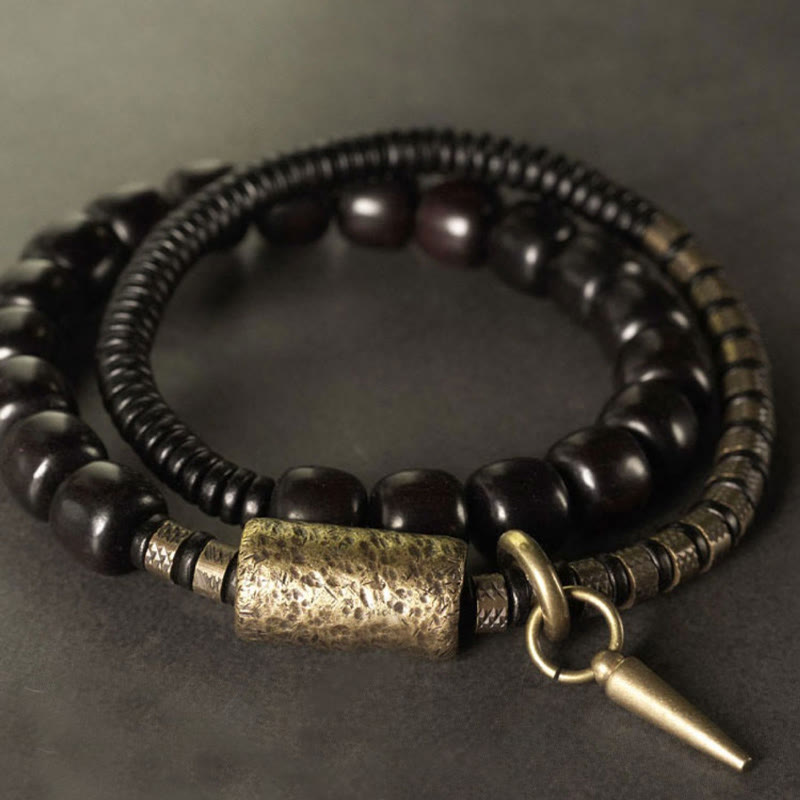Braccialetto di equilibrio a doppio giro con perline vintage in legno di ebano, ottone e rame Buddha Stones