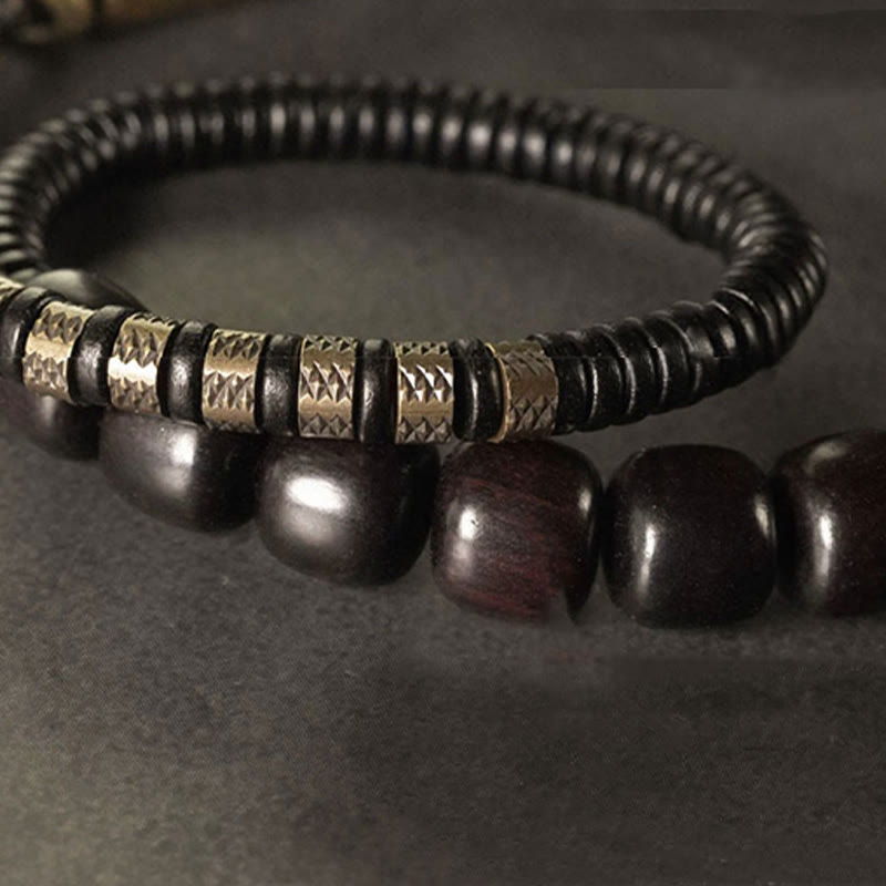 Braccialetto di equilibrio a doppio giro con perline vintage in legno di ebano, ottone e rame Buddha Stones
