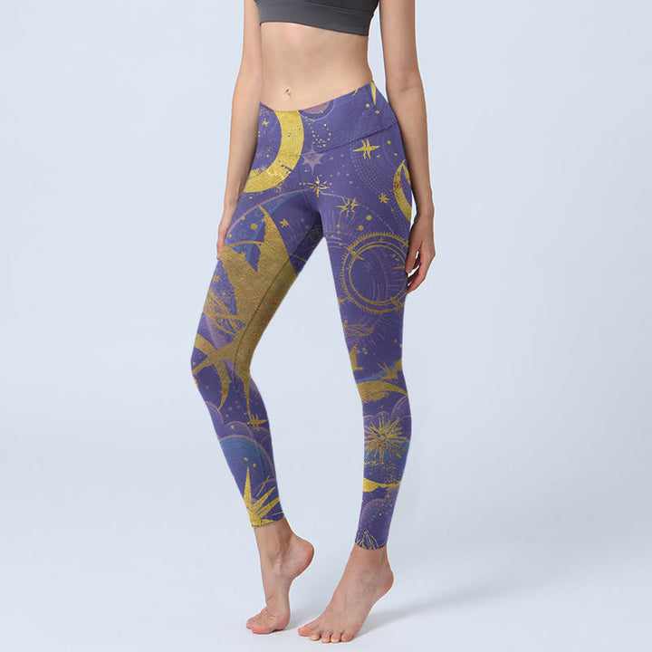 Leggings da palestra con stampa Buddha Stones Moon Sun Stars da donna - Viola scuro - US18, UK/AU22, EU50 (4XL) - image 1