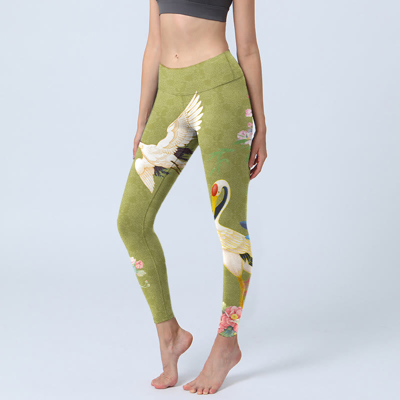 Leggings da palestra con stampa di bambù, Buddha Stones Hibiscus Birds, pantaloni da yoga da donna - GialloVerde - US18, UK/AU22, EU50 (4XL) - image 0