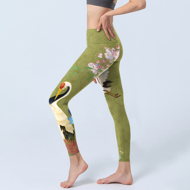 Leggings da palestra con stampa di bambù, Buddha Stones Hibiscus Birds, pantaloni da yoga da donna - image 2