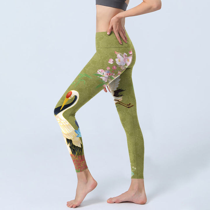 Leggings da palestra con stampa di bambù, Buddha Stones Hibiscus Birds, pantaloni da yoga da donna - image 3