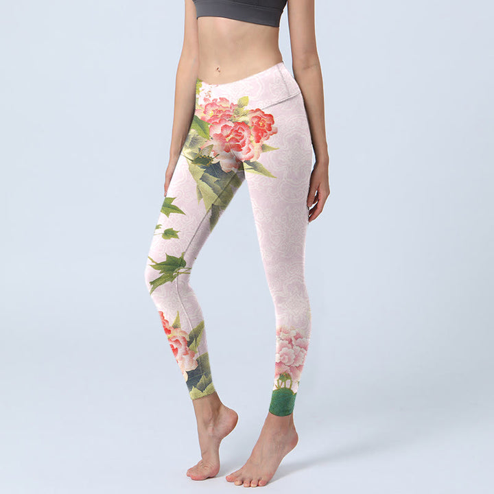 Leggings da palestra con stampa di fiori di ibisco e foglie Buddha Stones, pantaloni da yoga da donna - Rosa - US18, UK/AU22, EU50 (4XL) - image 1