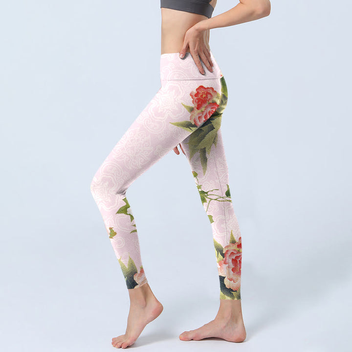 Leggings da palestra con stampa di fiori di ibisco e foglie Buddha Stones, pantaloni da yoga da donna - image 3