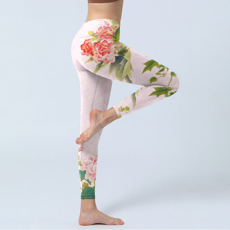 Leggings da palestra con stampa di fiori di ibisco e foglie Buddha Stones, pantaloni da yoga da donna - image 4