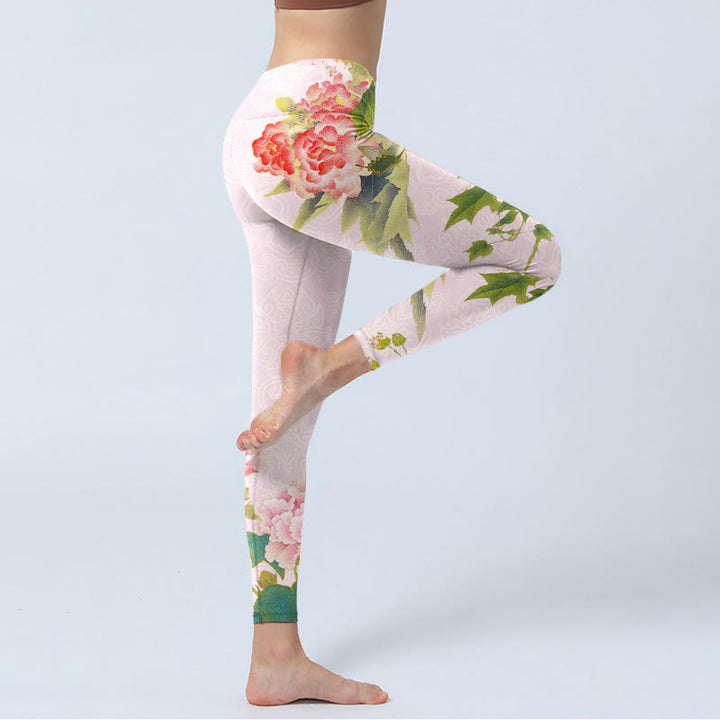 Leggings da palestra con stampa di fiori di ibisco e foglie Buddha Stones, pantaloni da yoga da donna - image 4