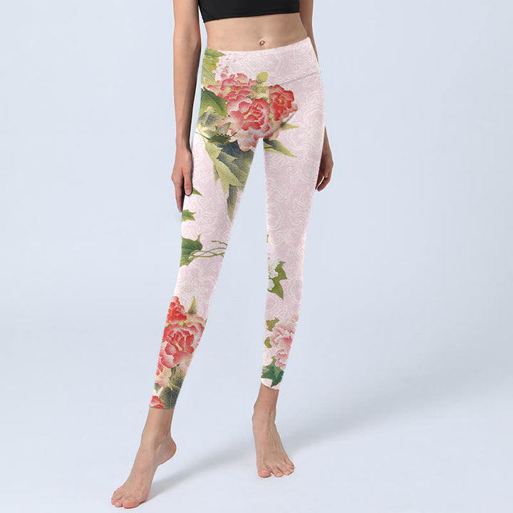 Leggings da palestra con stampa di fiori di ibisco e foglie Buddha Stones, pantaloni da yoga da donna - image 6