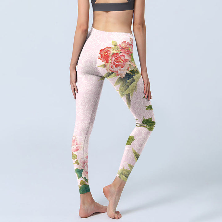 Leggings da palestra con stampa di fiori di ibisco e foglie Buddha Stones, pantaloni da yoga da donna - image 5