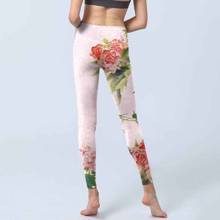 Leggings da palestra con stampa di fiori di ibisco e foglie Buddha Stones, pantaloni da yoga da donna - image 7