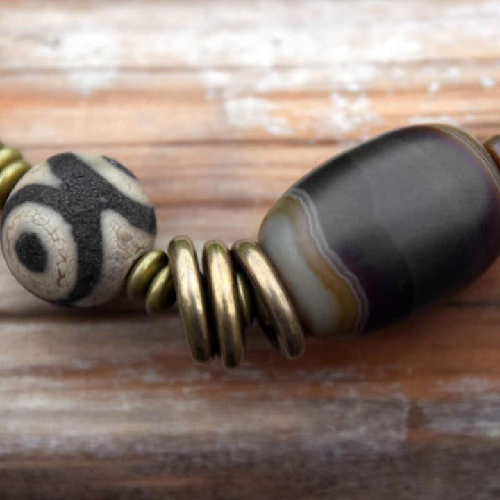 Buddha Stones Legno di ebano Sandalo verde Rame Ottone Perline Dzi Onice nero Braccialetto doppio giro calmo