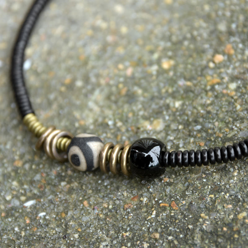 Buddha Stones Legno di ebano Sandalo verde Rame Ottone Perline Dzi Onice nero Braccialetto doppio giro calmo