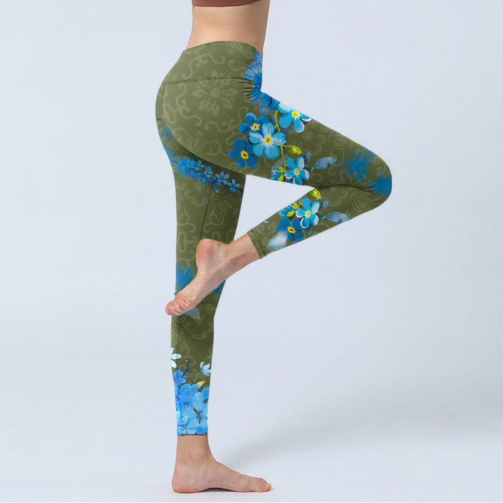 Buddha Stones da palestra con stampa di fiori blu e farfalle, pantaloni da yoga da donna - image 4