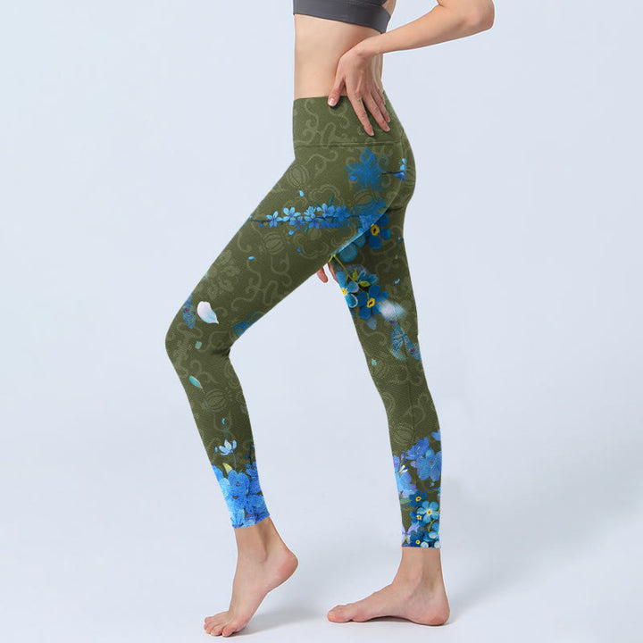 Buddha Stones da palestra con stampa di fiori blu e farfalle, pantaloni da yoga da donna - image 3