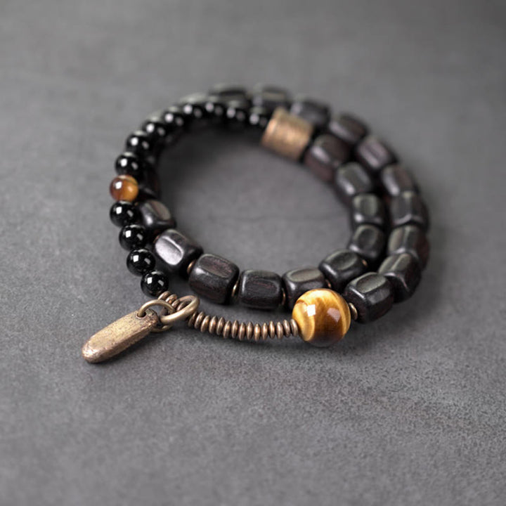 Braccialetto doppio giro Buddha Stones Ebano Legno Rame Ottone Occhio di Tigre Pace