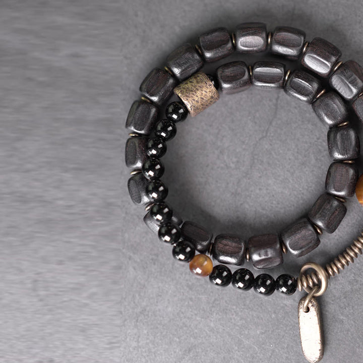 Braccialetto doppio giro Buddha Stones Ebano Legno Rame Ottone Occhio di Tigre Pace