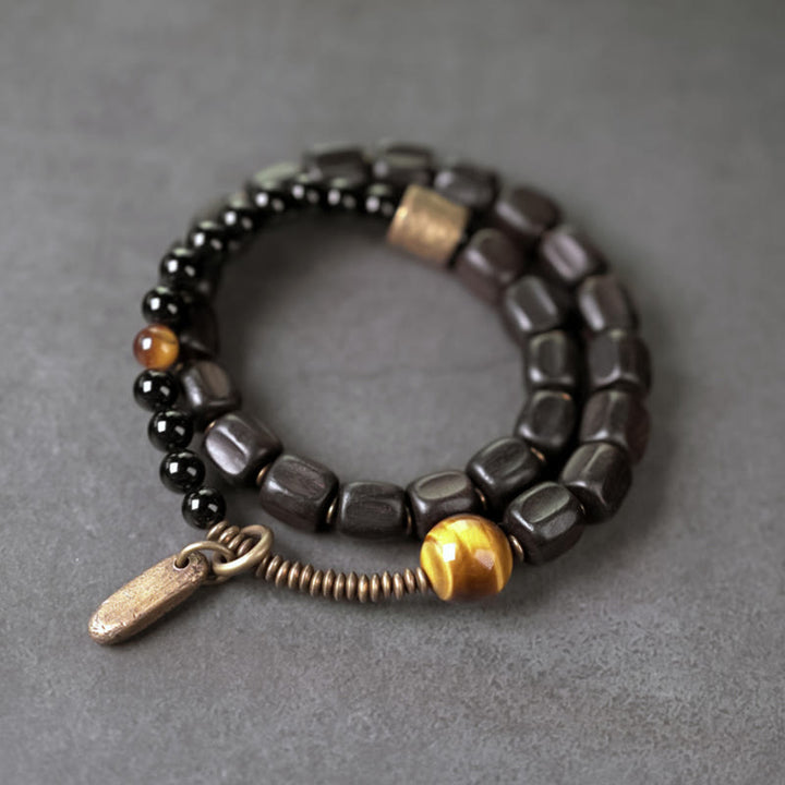 Braccialetto doppio giro Buddha Stones Ebano Legno Rame Ottone Occhio di Tigre Pace