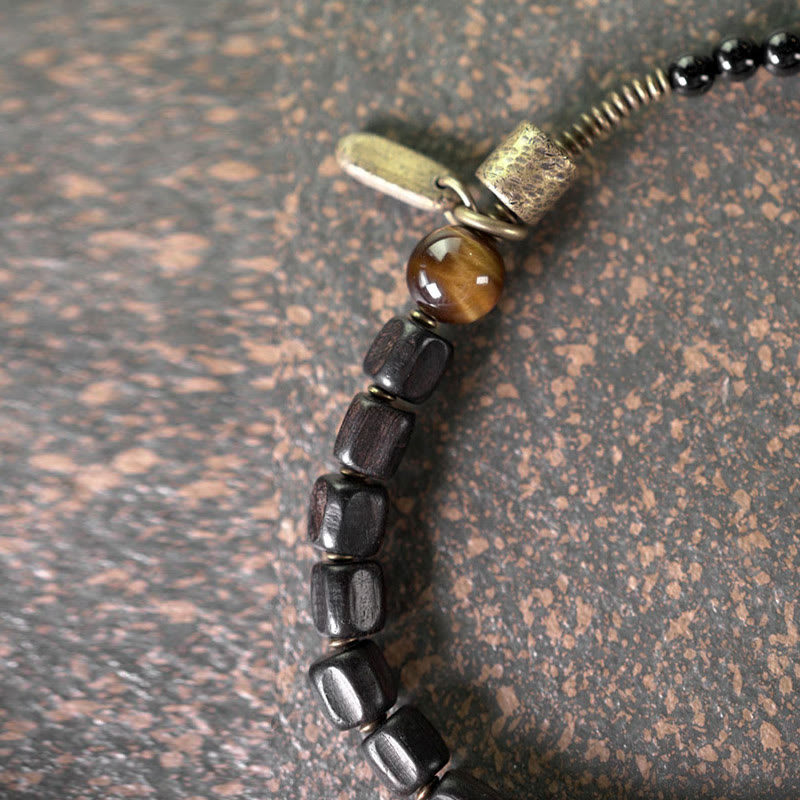 Braccialetto doppio giro Buddha Stones Ebano Legno Rame Ottone Occhio di Tigre Pace