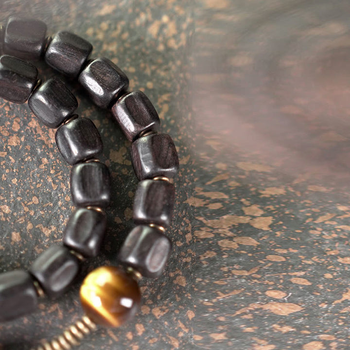 Braccialetto doppio giro Buddha Stones Ebano Legno Rame Ottone Occhio di Tigre Pace