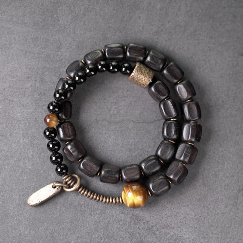 Braccialetto doppio giro Buddha Stones Ebano Legno Rame Ottone Occhio di Tigre Pace