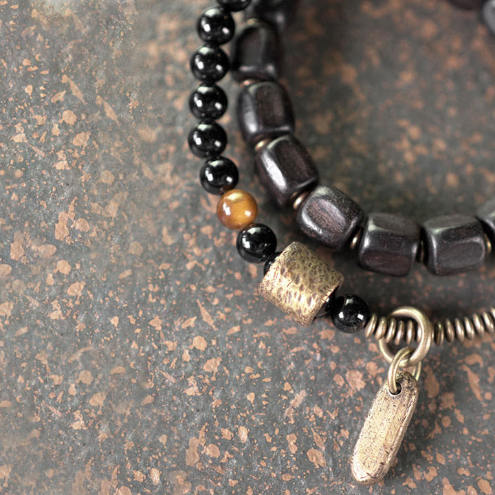 Braccialetto doppio giro Buddha Stones Ebano Legno Rame Ottone Occhio di Tigre Pace
