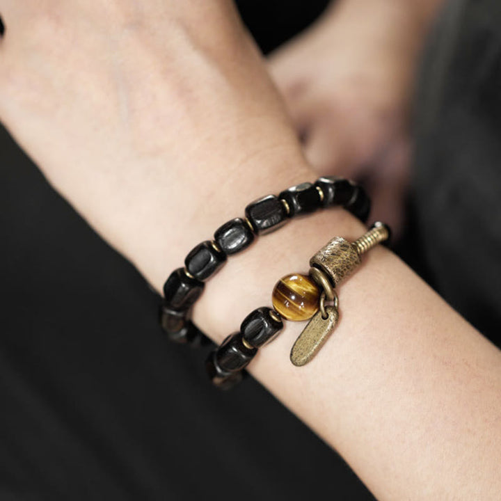 Braccialetto doppio giro Buddha Stones Ebano Legno Rame Ottone Occhio di Tigre Pace