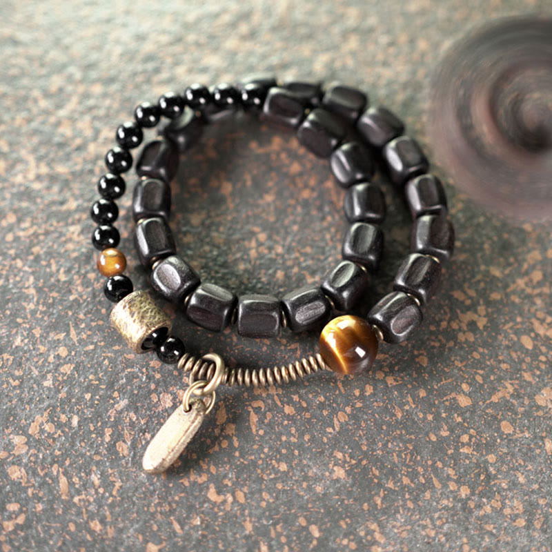 Braccialetto doppio giro Buddha Stones Ebano Legno Rame Ottone Occhio di Tigre Pace