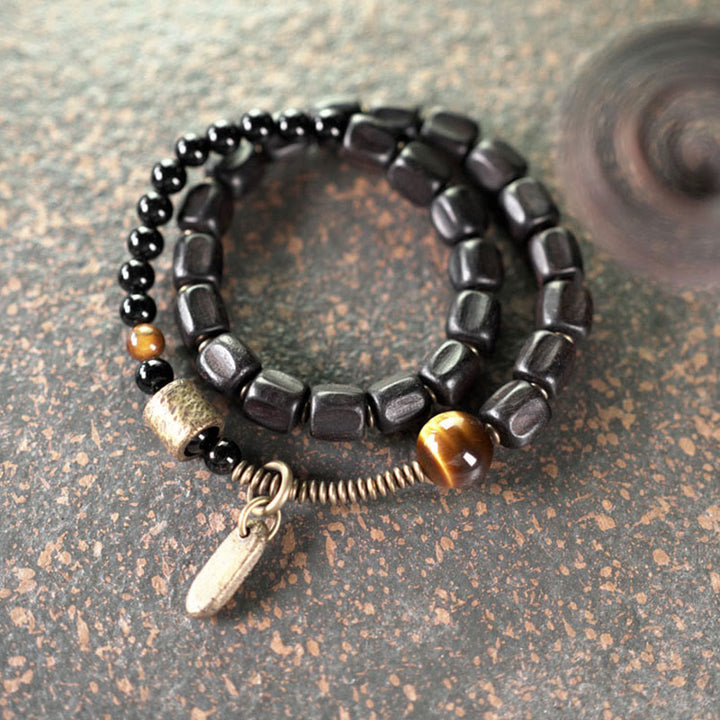 Braccialetto doppio giro Buddha Stones Ebano Legno Rame Ottone Occhio di Tigre Pace
