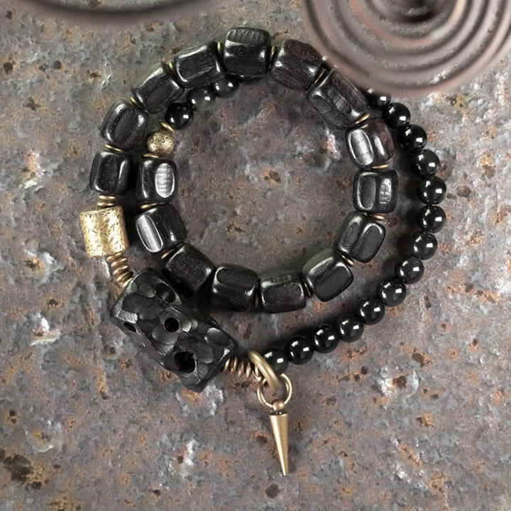 Braccialetto doppio giro Buddha Stones Ebano Legno Ossidiana Nera Rame Ottone Pace
