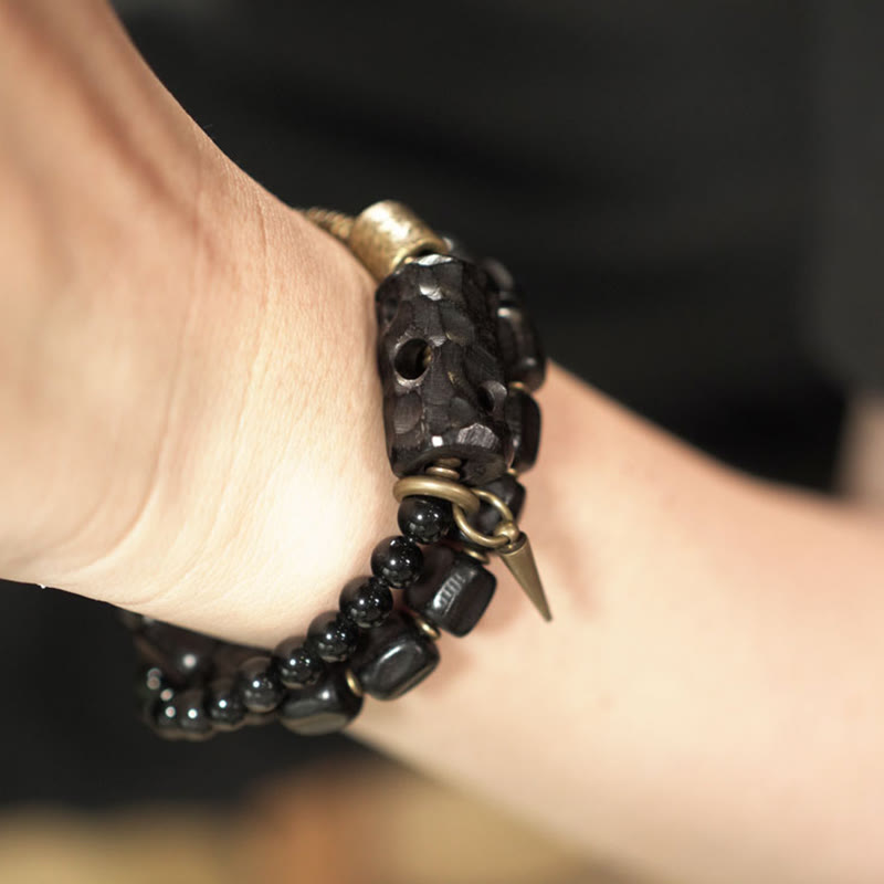 Braccialetto doppio giro Buddha Stones Ebano Legno Ossidiana Nera Rame Ottone Pace