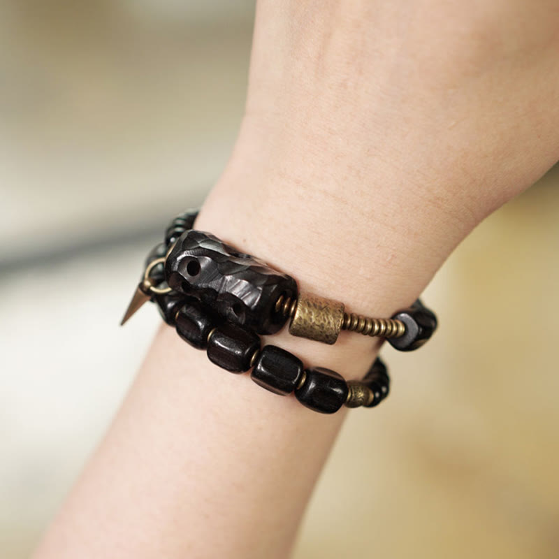 Braccialetto doppio giro Buddha Stones Ebano Legno Ossidiana Nera Rame Ottone Pace