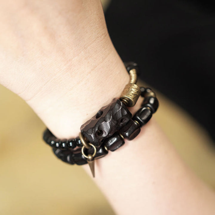 Braccialetto doppio giro Buddha Stones Ebano Legno Ossidiana Nera Rame Ottone Pace