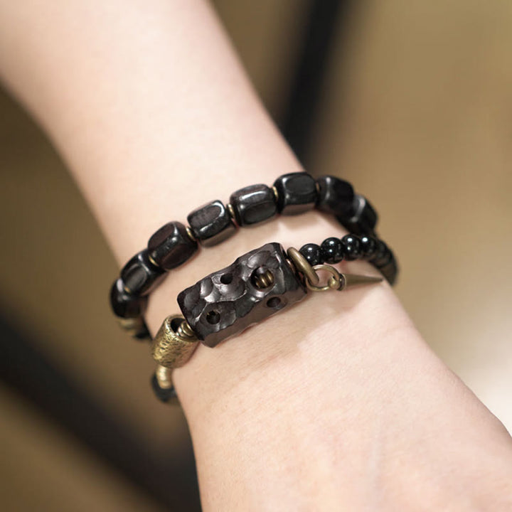 Braccialetto doppio giro Buddha Stones Ebano Legno Ossidiana Nera Rame Ottone Pace