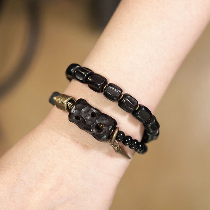 Braccialetto doppio giro Buddha Stones Ebano Legno Ossidiana Nera Rame Ottone Pace