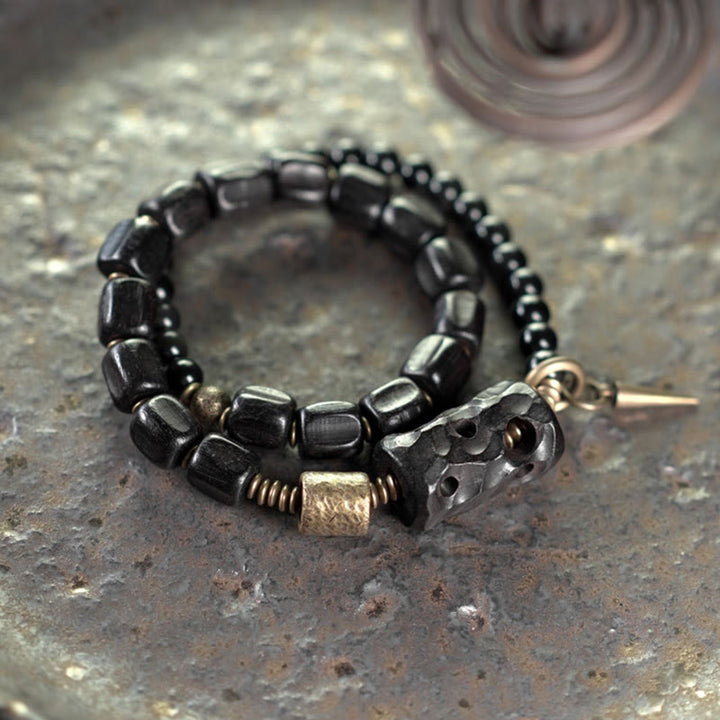 Braccialetto doppio giro Buddha Stones Ebano Legno Ossidiana Nera Rame Ottone Pace