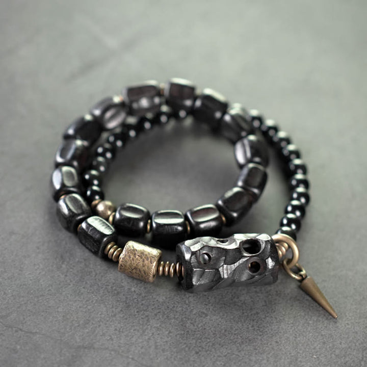 Braccialetto doppio giro Buddha Stones Ebano Legno Ossidiana Nera Rame Ottone Pace