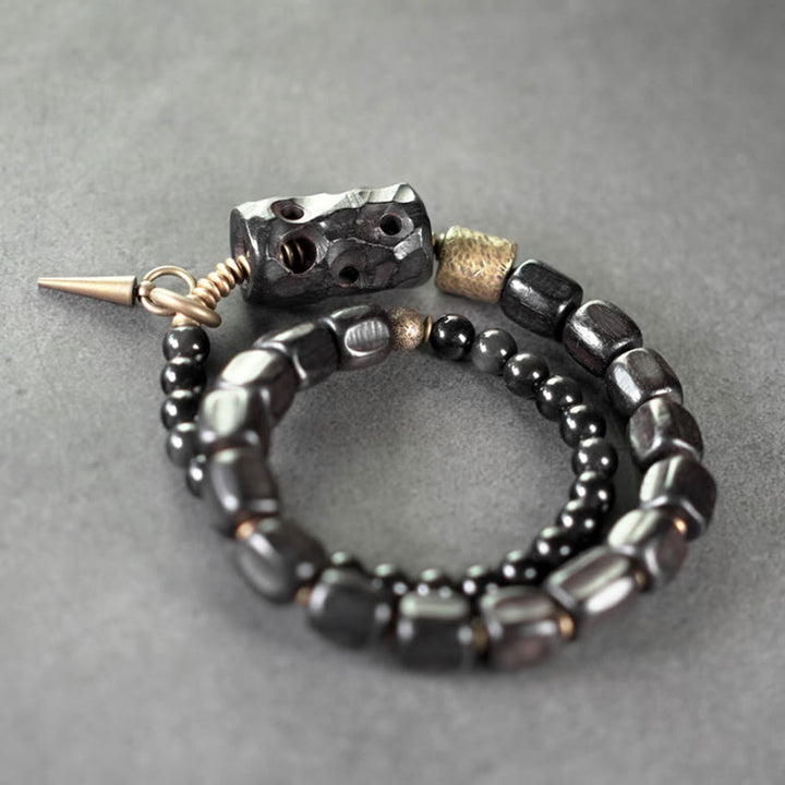 Braccialetto doppio giro Buddha Stones Ebano Legno Ossidiana Nera Rame Ottone Pace
