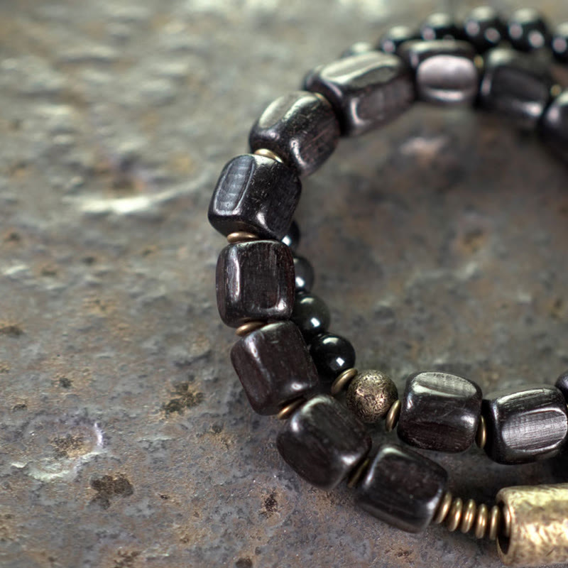 Braccialetto doppio giro Buddha Stones Ebano Legno Ossidiana Nera Rame Ottone Pace