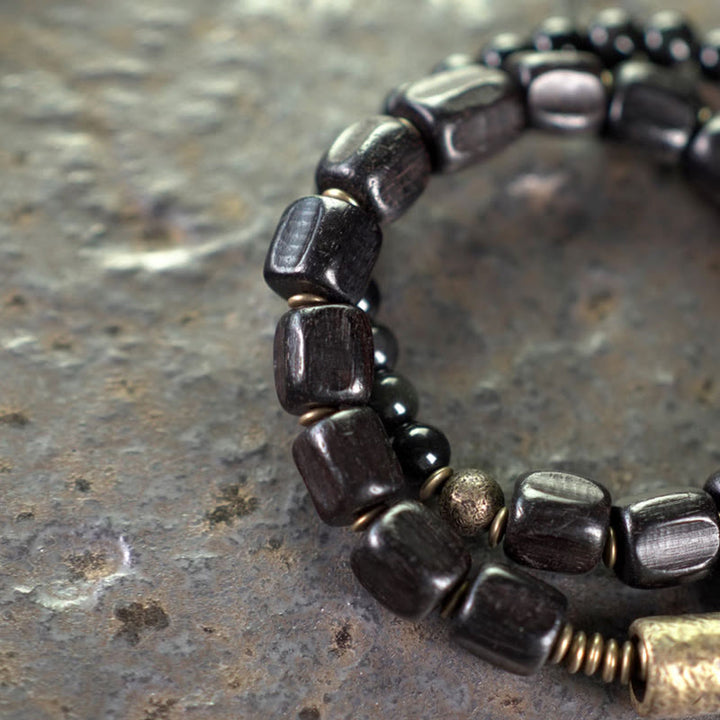 Braccialetto doppio giro Buddha Stones Ebano Legno Ossidiana Nera Rame Ottone Pace