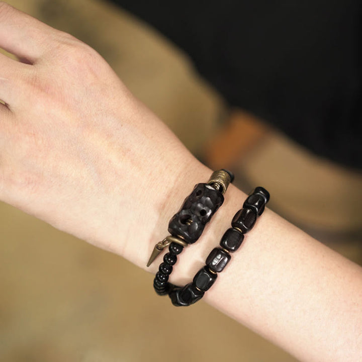 Braccialetto doppio giro Buddha Stones Ebano Legno Ossidiana Nera Rame Ottone Pace