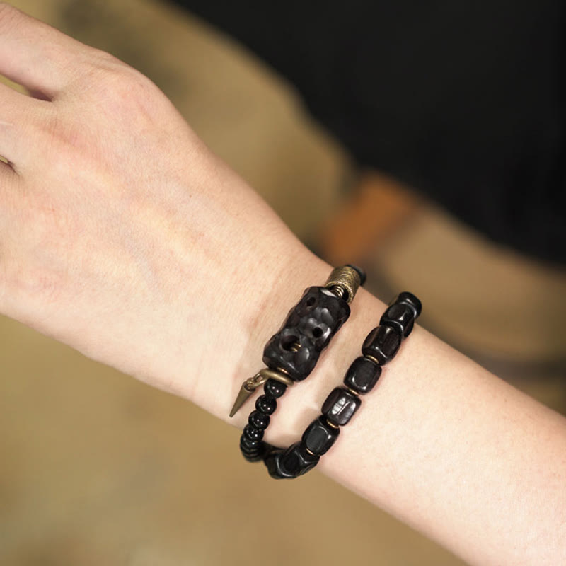Braccialetto doppio giro Buddha Stones Ebano Legno Ossidiana Nera Rame Ottone Pace - image 14