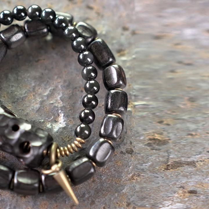 Braccialetto doppio giro Buddha Stones Ebano Legno Ossidiana Nera Rame Ottone Pace