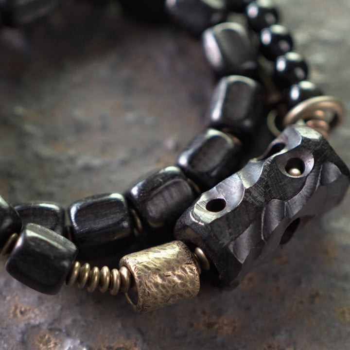 Braccialetto doppio giro Buddha Stones Ebano Legno Ossidiana Nera Rame Ottone Pace